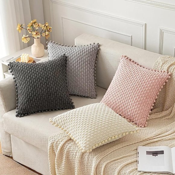 Pompom Dark Grey Texture Corduroy Farmhouse Cute Luxury Soft Pillow Cover Set - Picture 2 of 7